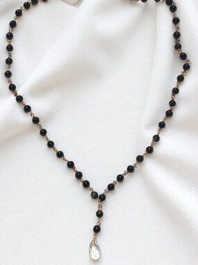 Handmade Beaded Golden Black Obsidian Gemstone Statement Necklace with Crystal P